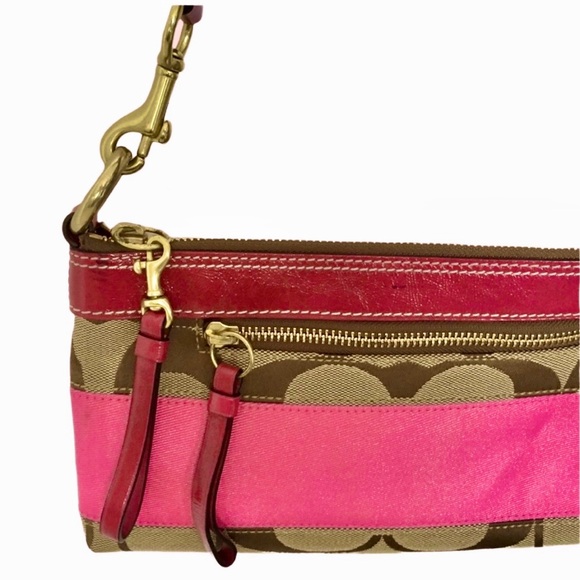 Coach Signature Tan Pink Convertible Small Shoulder Bag/Large Wristlet/Baguette - Picture 6 of 9